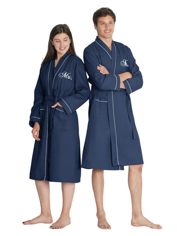 Wedding Gifts for Couple, Mr and Mrs Waffle Knit Robe Sets, Navy