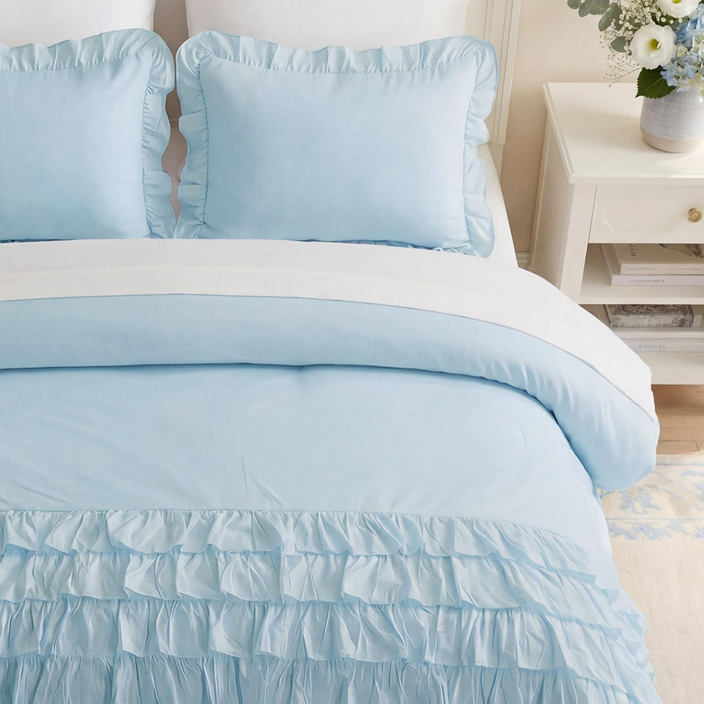 100% Cotton Duvet Cover Set Blue Ruffle Bedding Set Multi-Layers Ruffled Design Duvet Cover 3Pcs Soft Breathable