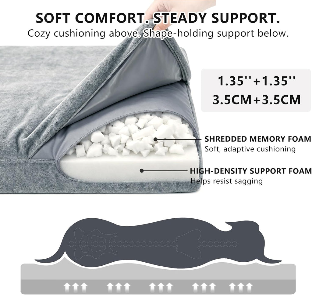 Dual-Layer Memory Foam Dog Bed for Large Dogs, Waterproof Washable Cover