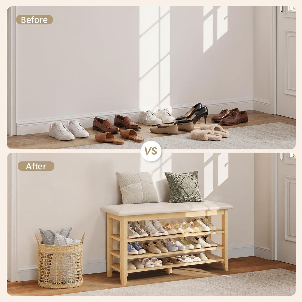 Solid Wood Shoe Rack Bench Entryway with Leather Cushion 39.3"