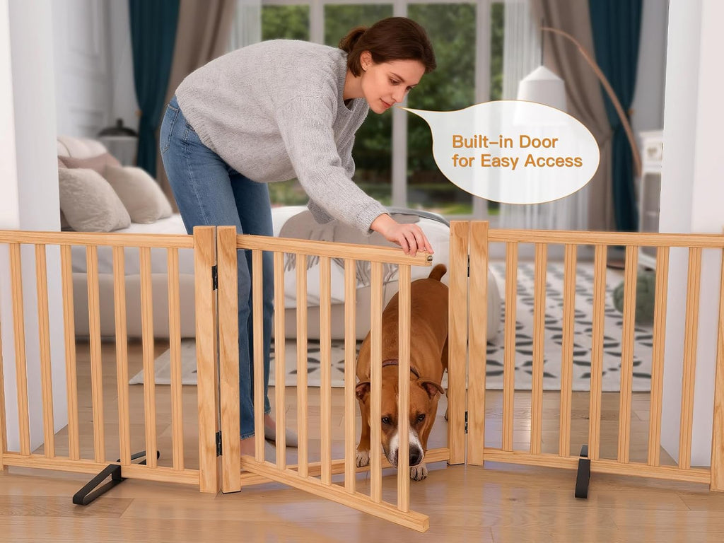 Wooden Freestanding Dog Gate with Door - 4 Panel H:23"