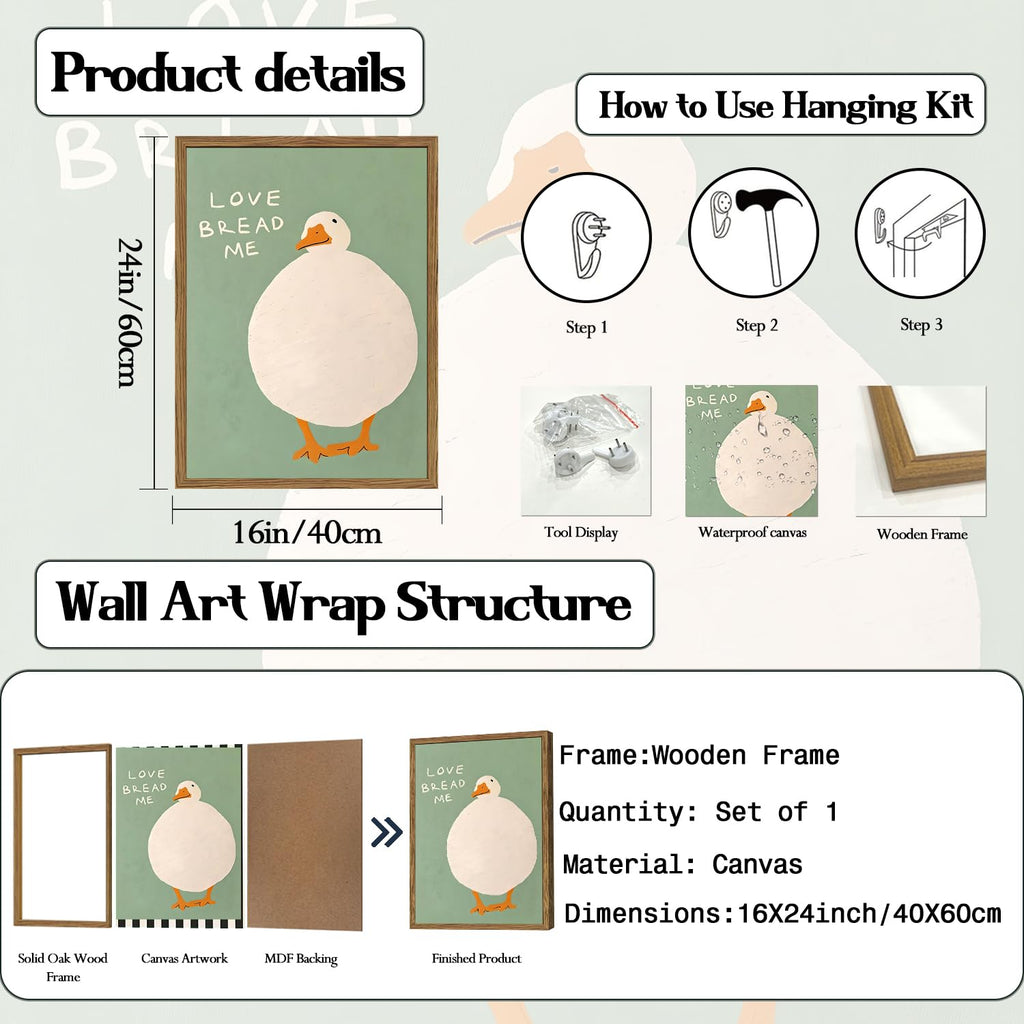 Cute Silly Goose Kitchen Wall Art Love Bread Me Quotes Wall Decor Painting, Funny White Duck Canvas Prints Picture