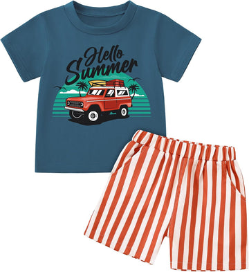 Toddler Baby Boy Summer Outfits Crew Neck T-shirt+Striped Shorts Set with Pockets Casual 2 Piece Clothes
