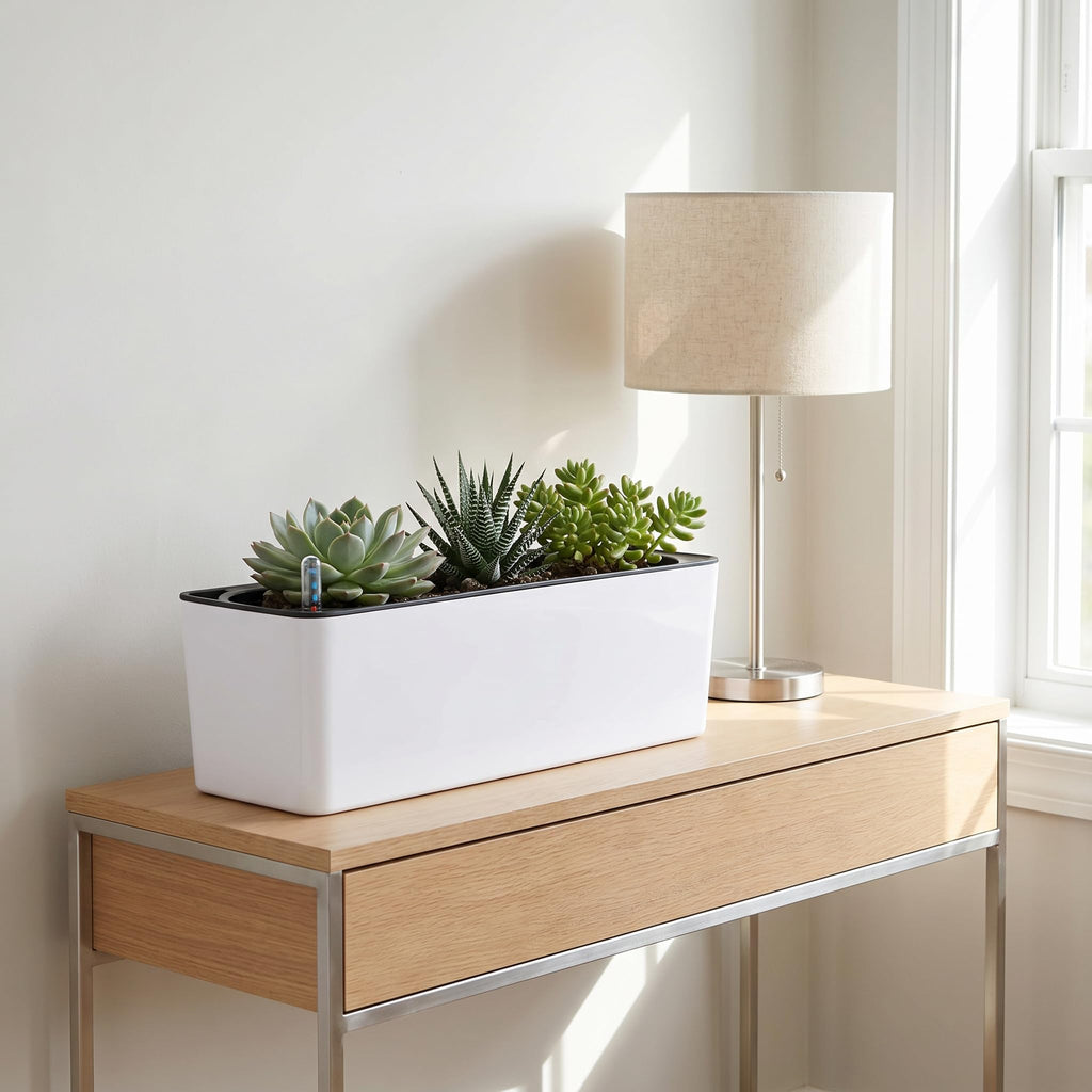 2 Pack Rectangle Self Watering Planter with Water Level Indicator, 16x 5.5 Inch Window Gardening Box, Decorative