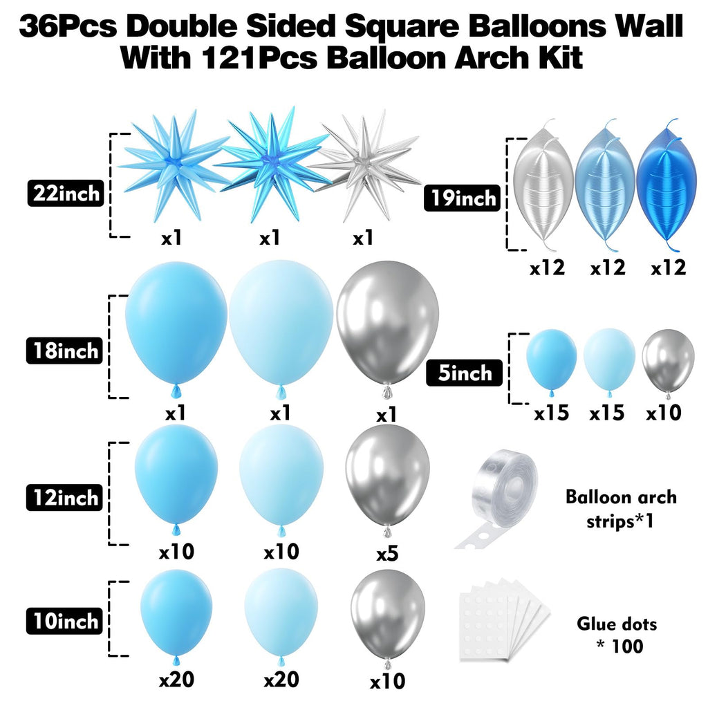 36pcs Blue and Silver Square Foil Balloons Wall Backdrop with 121pcs Balloon Garland Arch Kit, Double Sided Balloons