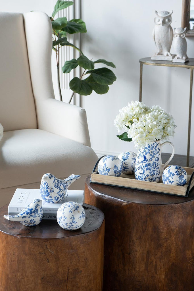 Set of 4 Ceramic Decorative Spheres - Handcrafted Blue and White Floral Orbs Decor, Tabletop Accent, Shelf Display