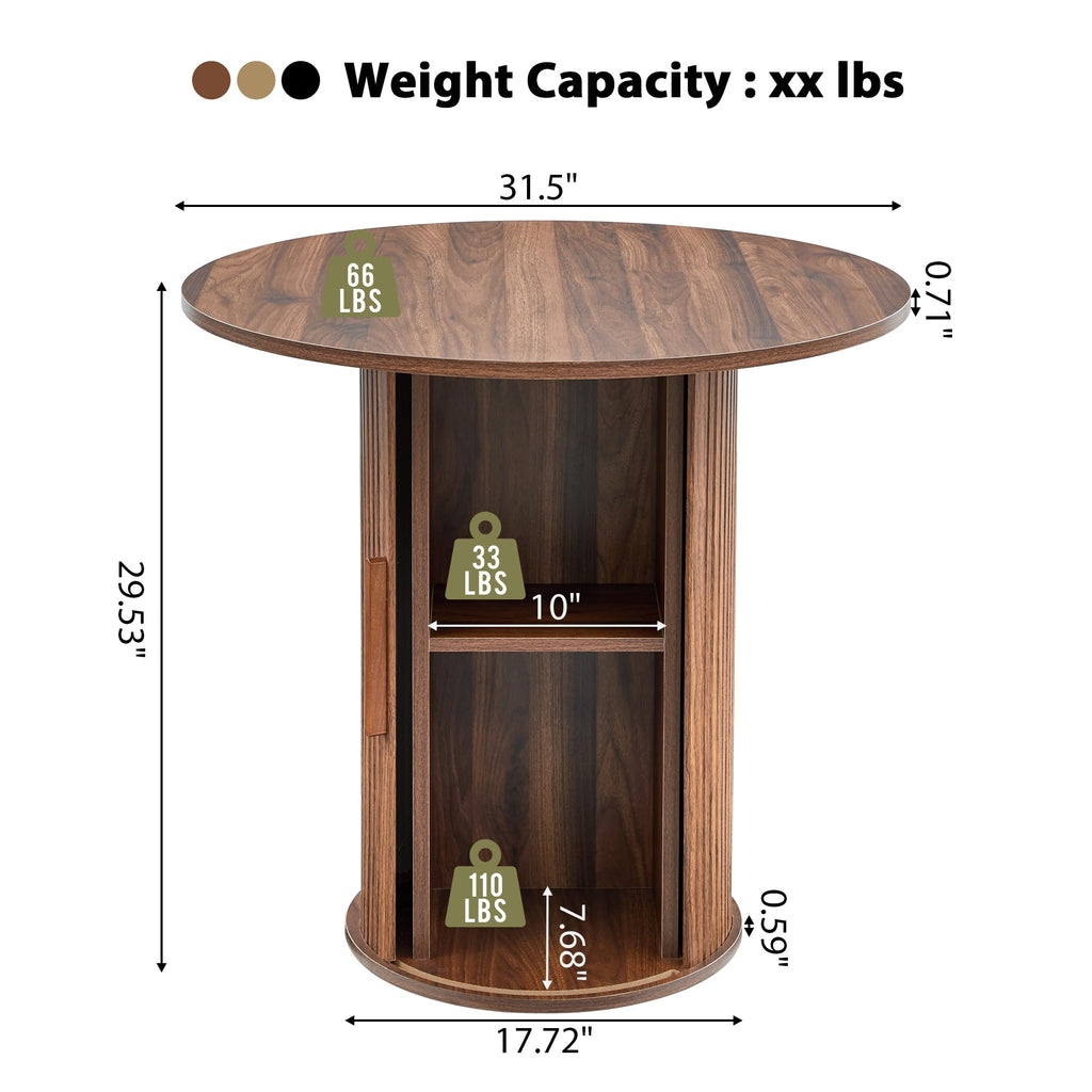 31.5" Round Dining Table for 2-4, Modern Farmhouse Kitchen Table with 2-Tier Storage Shelf, Small Wooden Circle