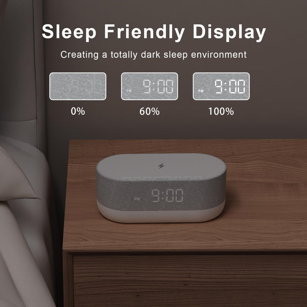 3 in 1 Sound Machine Alarm Clock& Wireless Charger: Soothing White Noise, Bluetooth Music Relaxation & Customized