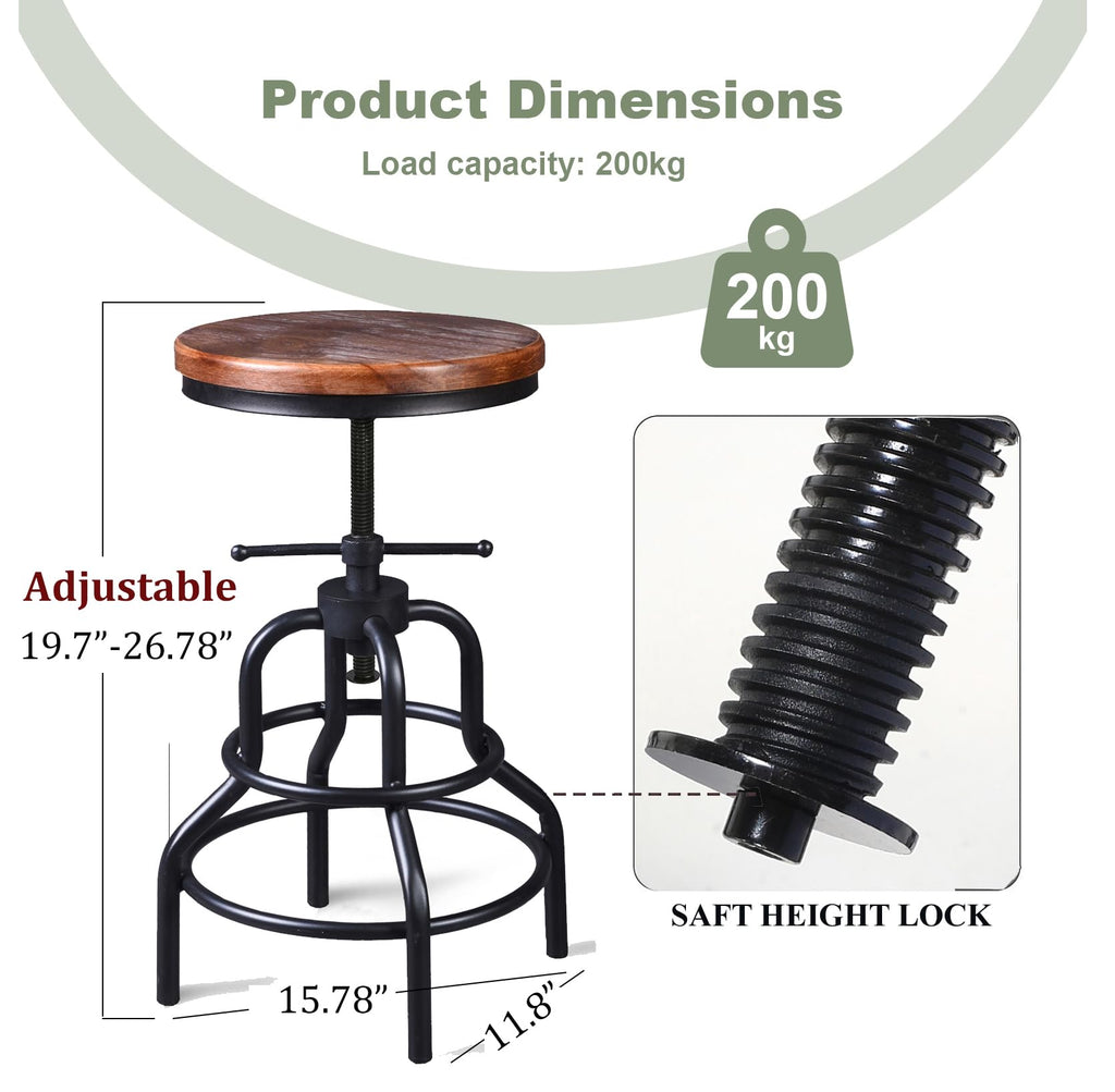 Vintage Industrial Bar Stool-Rustic Swivel Barstools-Round Wood Metal Base-Kitchen Counter Height Adjustable Pipe