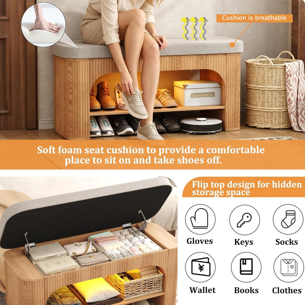 40.2" Fluted Storage Bench with Built-in LED Light, Flip-Top Shoe Bench with Cushioned Seat and Open Storage