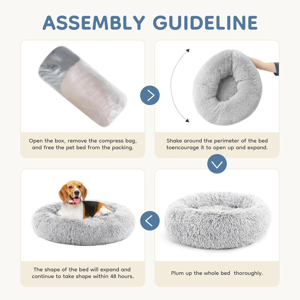 XL Donut Dog Bed for Indoor Use, Fluffy Faux Fur Plush