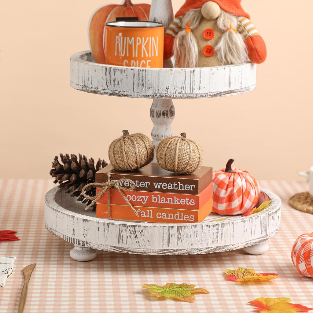 Fall Tiered Tray Decor, Wood Book Stack with Maple Leaves & Pumpkins