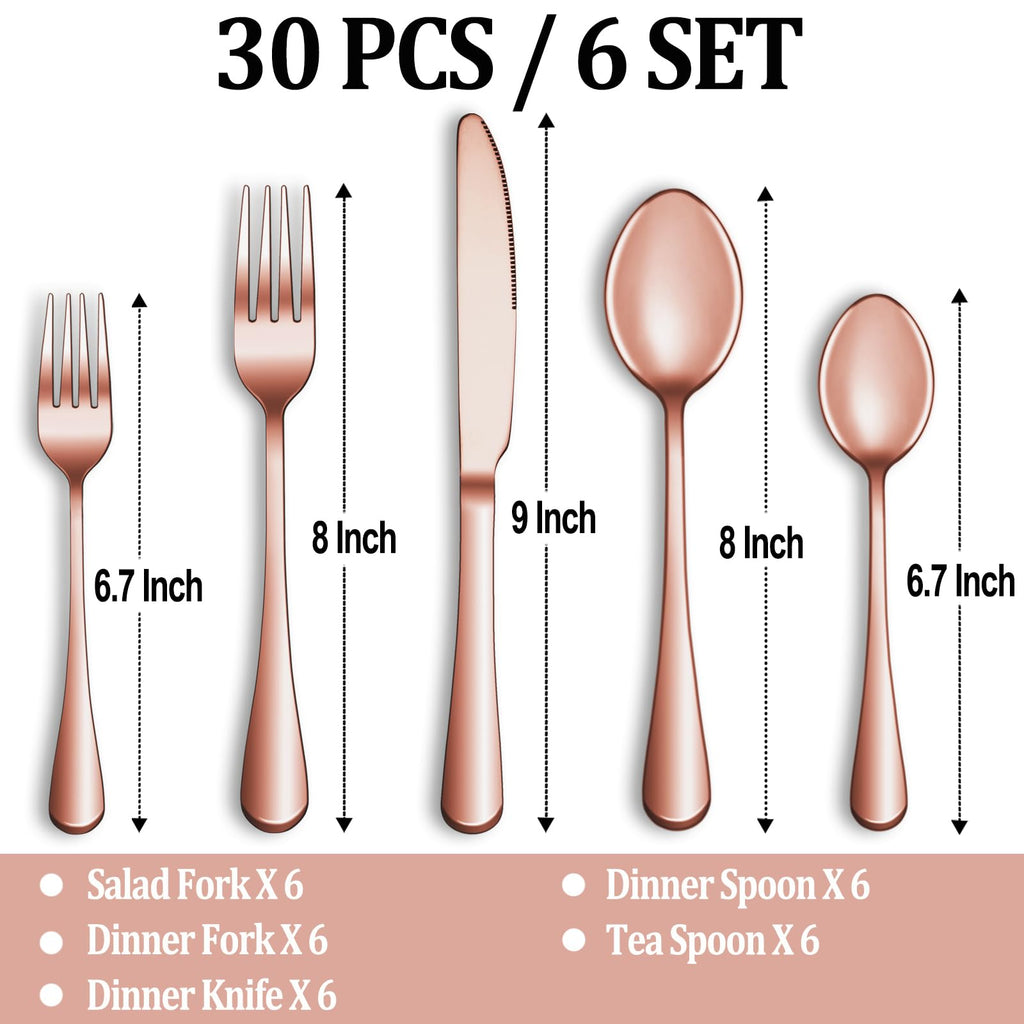 30 Pcs Rose Gold Silverware Set for 6, Premium Stainless Steel Flatware Set, Cutlery Utensil Set, Durable Home