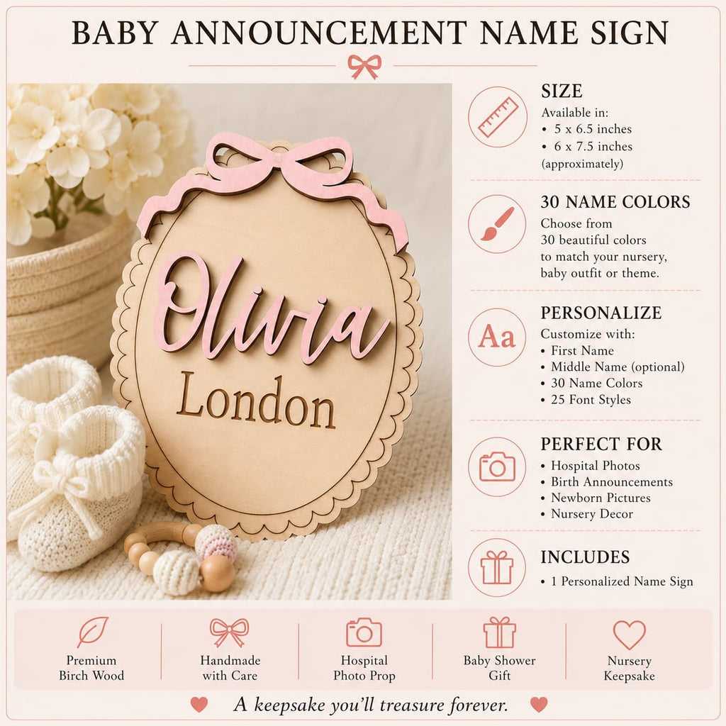 Personalized Scallop Baby Name Sign with Bow (Name Sign)