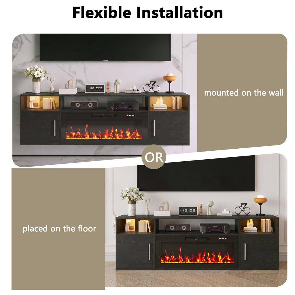 70" Floating TV Stand with Fireplace, Wall Mounted Entertainment Center with Storage for TVs up to 80", Modern Media