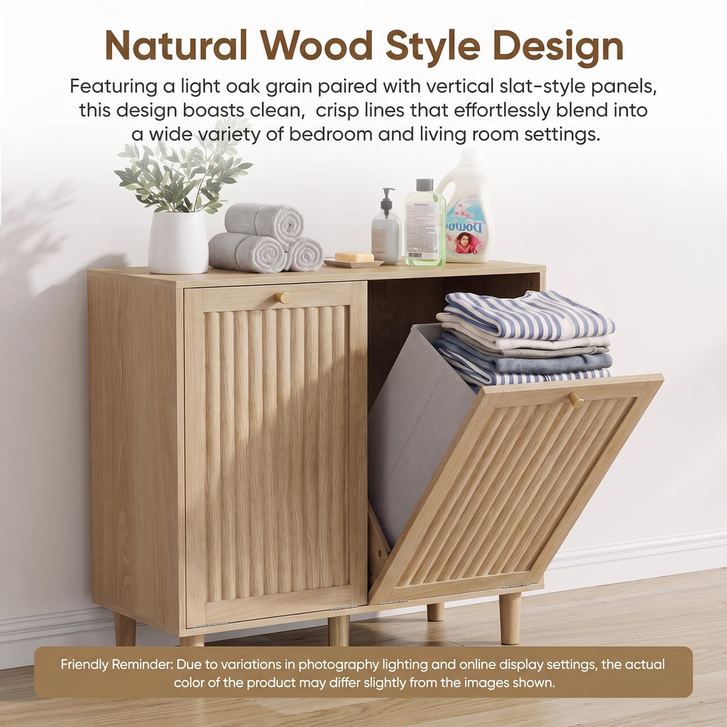 Tilt-Out Dual Laundry Storage Hamper Cabinet, Natural, with 2 Hamper.