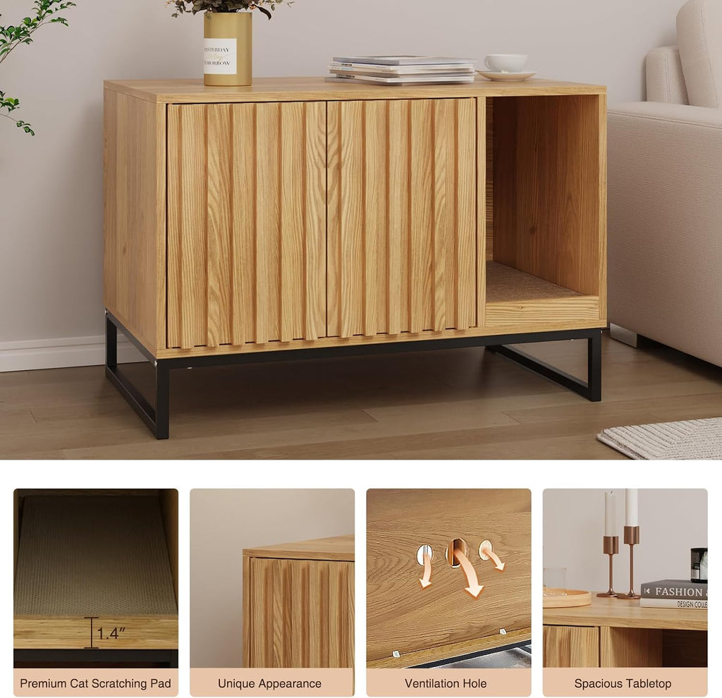 Litter Box Enclosure, Modern Cat Litter Box Enclosure Furniture Hidden Litter Box with Scratch Pad, Cat Washroom
