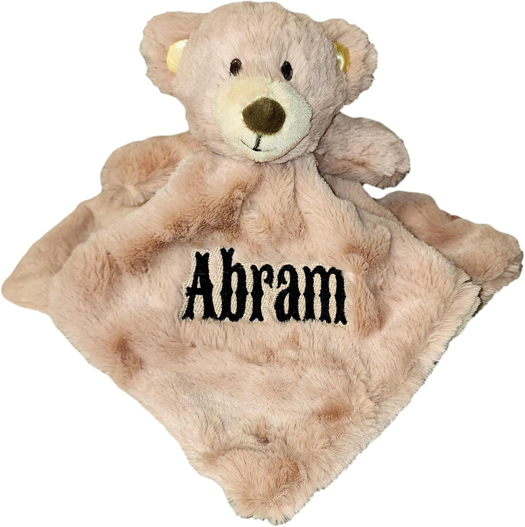 Custom Personalized Teddy Bear Lovie Lovey Security Blanket with Rattle (Brown Bear with Embroidery Name)