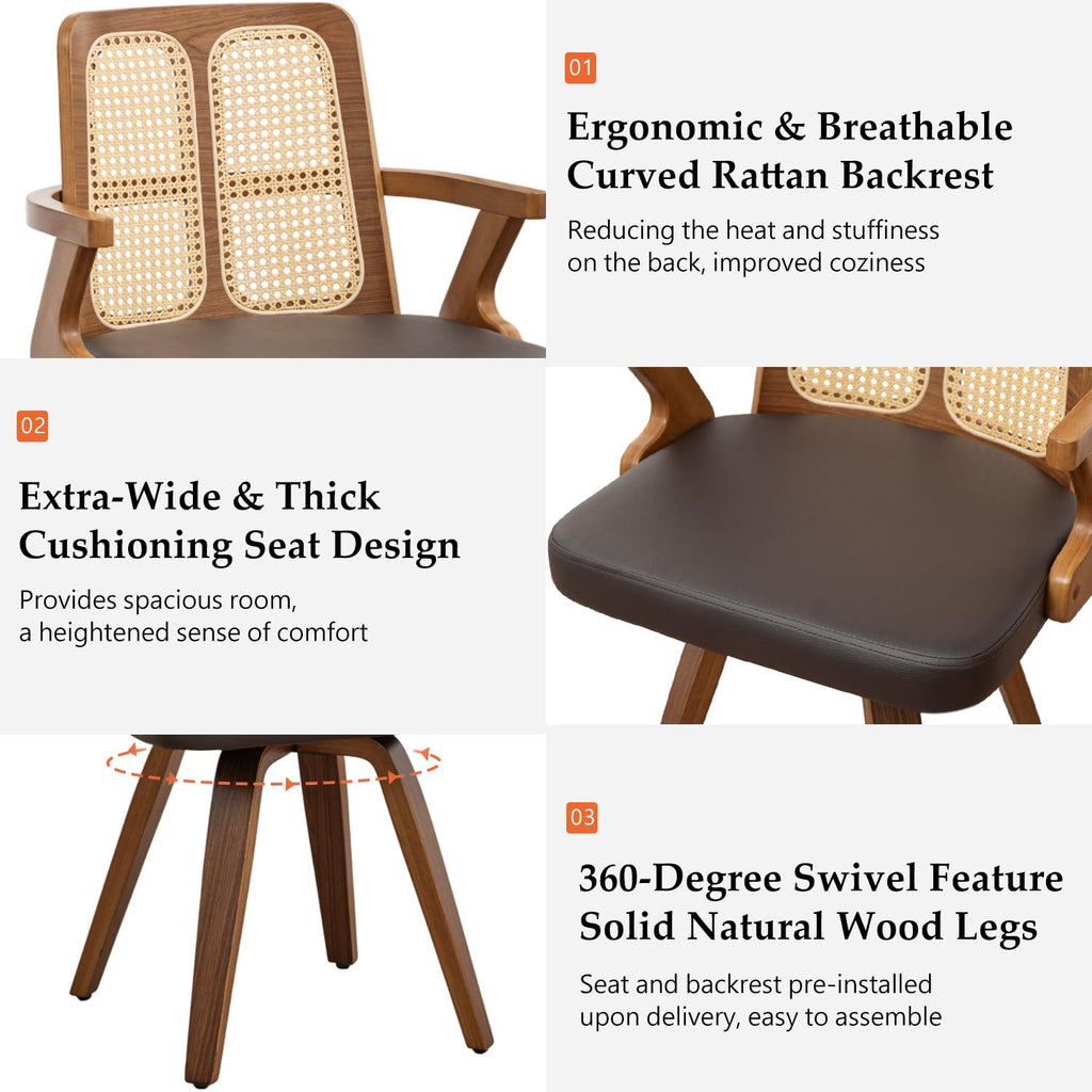 Walnut Dining Chairs - Swivel Rattan Dining Chairs with Bentwood Frame with Ergonomic Cane Back, Curved Arms, MCM