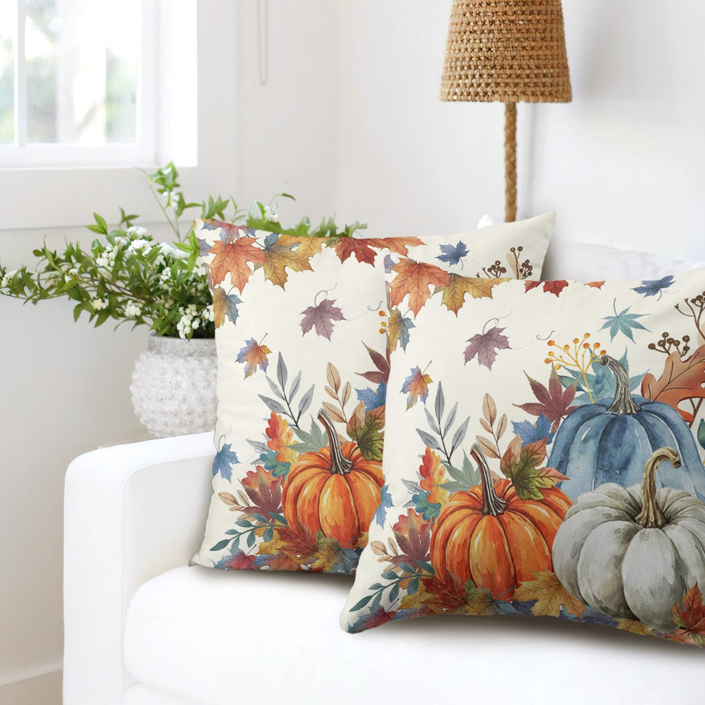 Fall Blue Orange Pumpkin Pillow Covers 20x20 Set of 2 Autumn Maple Leaves Outdoor Pillow Cases Thanksgiving Harvest