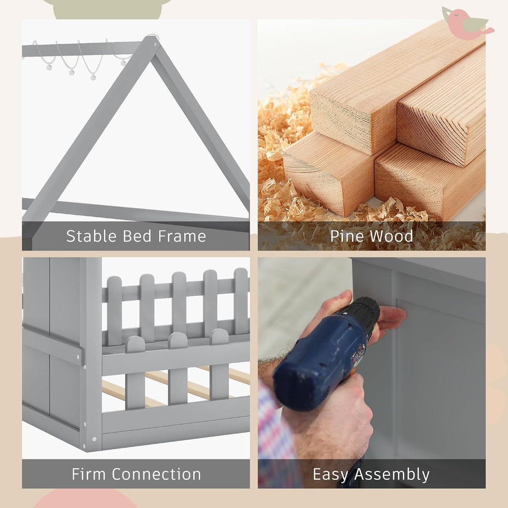 House Bed for Kids, Wood Montessori Floor Bed with LED Light Toddler Floorbed with Fence and Window