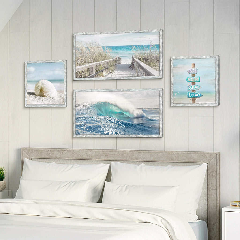 Ocean Pictures Wooden Artwork Framed - Seascape Rolling Wave Painting Multi-Panel Wall Art Prints Overall 48"W x 32"H