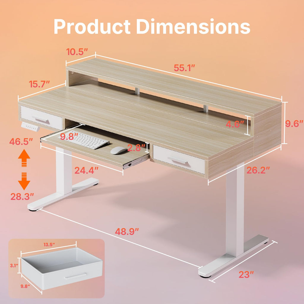 48′′ x 26′′ Electric Standing Desk with 2 Drawers &24.4′′ Large Keyboard Tray, C-Clamp Mount Compatible, Adjustable