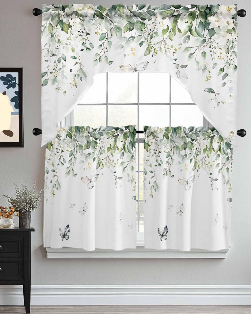 Sage Green Eucalyptus Leaf Kitchen Curtains Sets for Windows 3 Piece, Summer Floral Kitchen Curtains and Valances