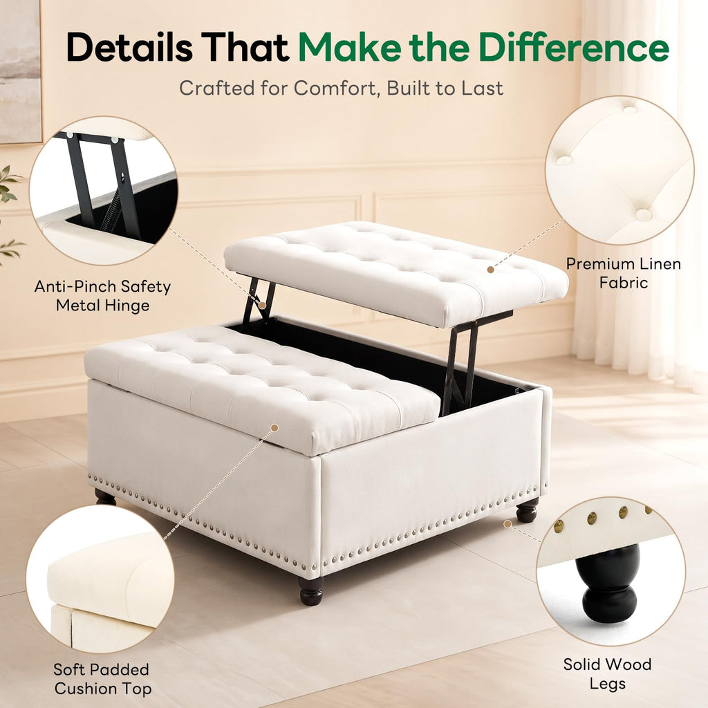 35.5 Inch Large Square Ottoman with Storage, Lift Top, Beige