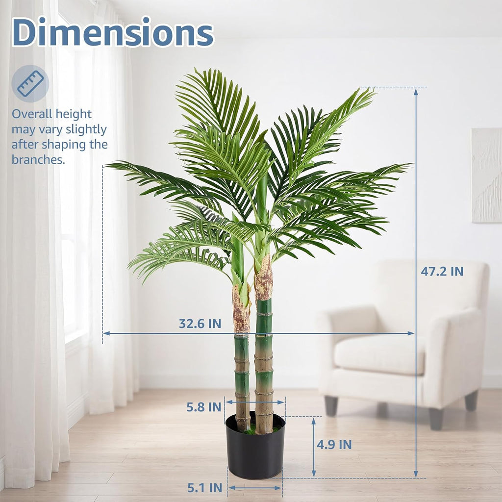 47in Artificial Palm Tree, Realistic Faux Indoor Floor Plant in Pot with Lifelike Leaves Corner, Modern Home Decor