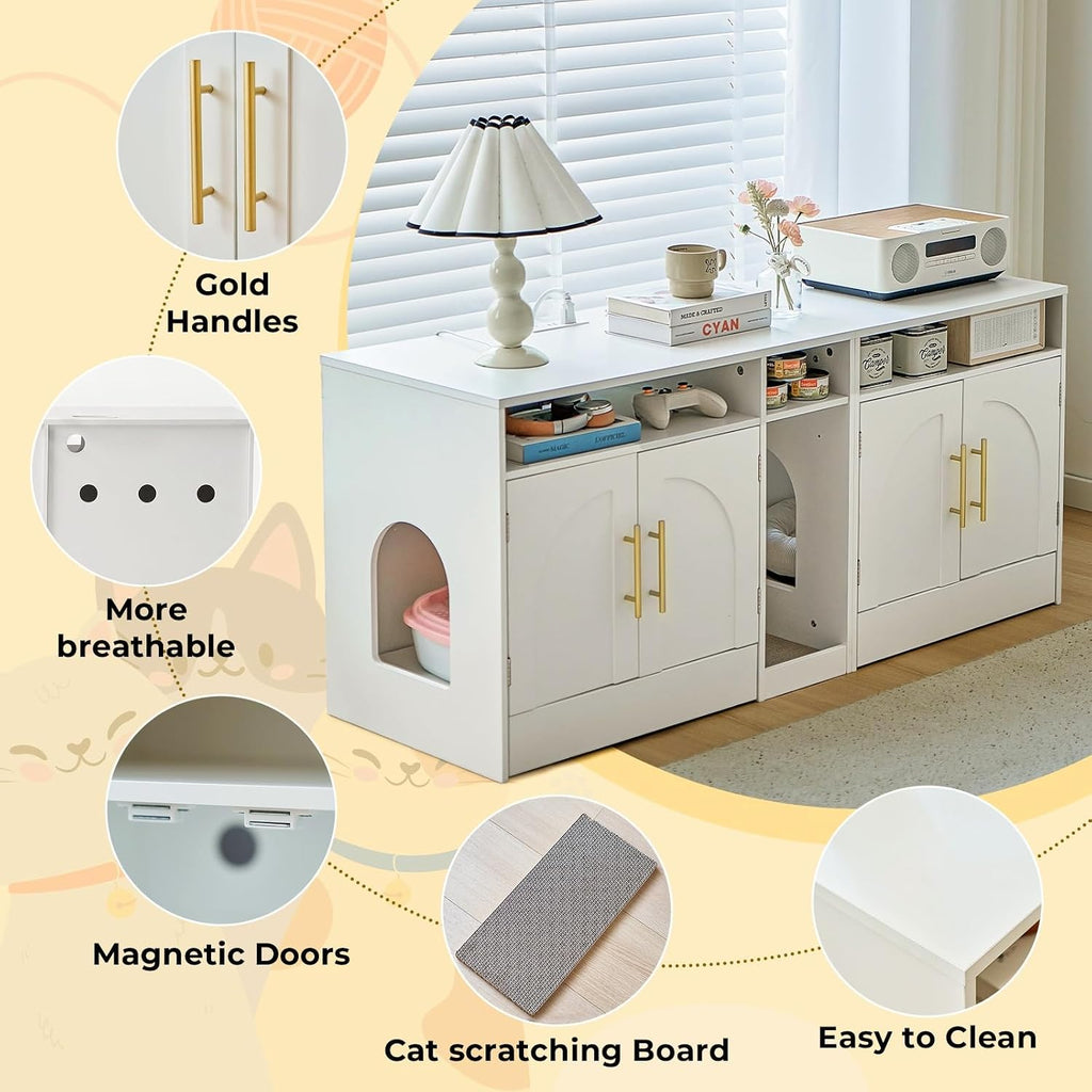Double Cat Litter Box Enclosure for 2 Cats, 53" Wooden Hidden Cat Litter Box Furniture with Power Outlet, Sliding
