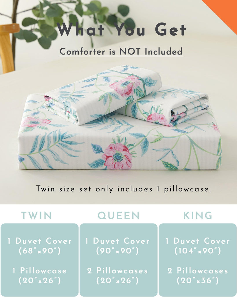 Fresh White & Aqua Botanical Cotton Duvet Cover Set 3PC