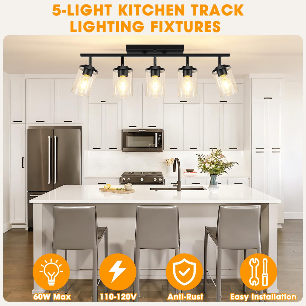 5-Lights Black Semi Flush Mount Ceiling Light Fixtures, Modern Clear Glass Shade Farmhouse Kitchen Ceiling Lamp