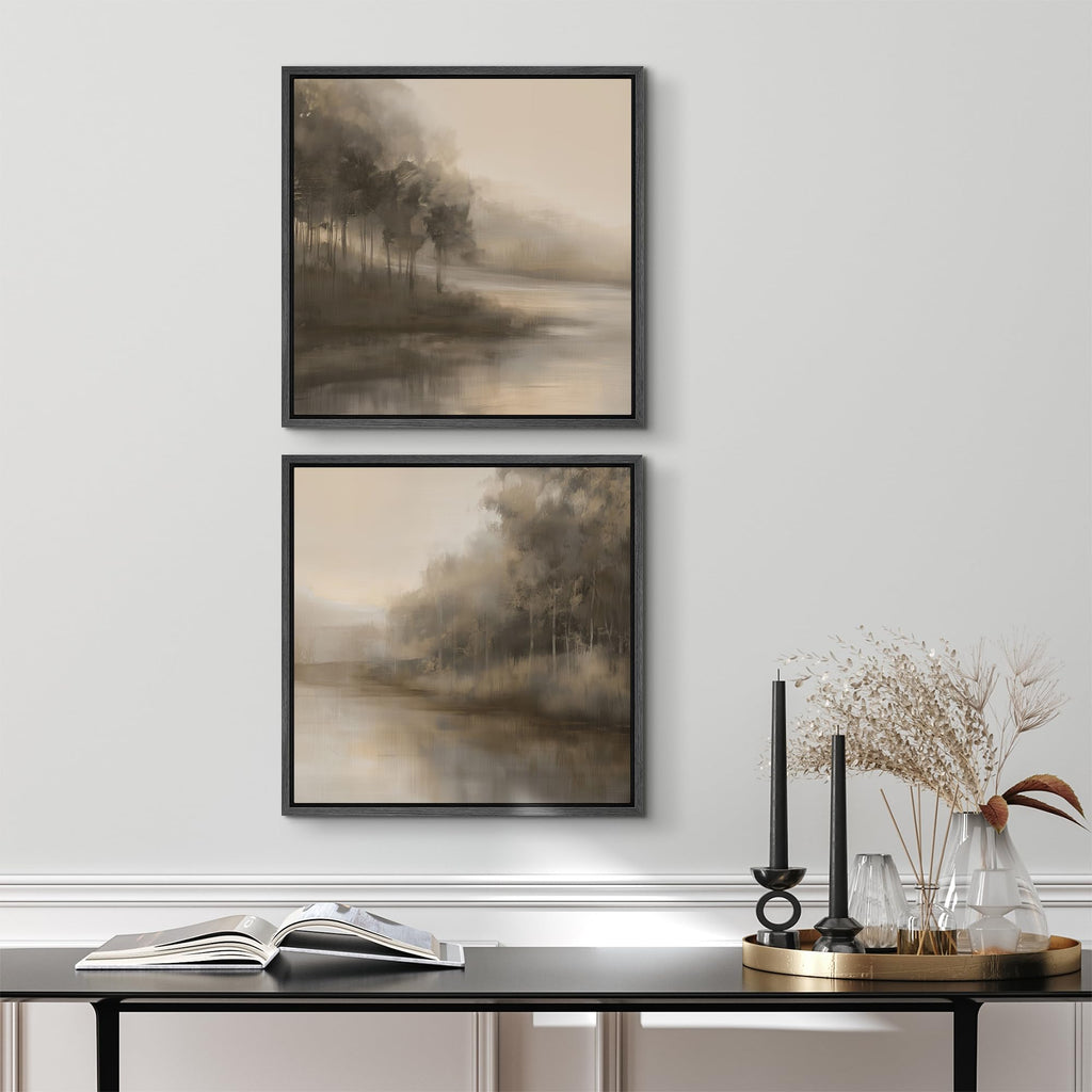 Framed Canvas Print Wall Art Set Muted Beige Landscape Artwork, Soft Forest Lake Illustrations Modern Art Minimal