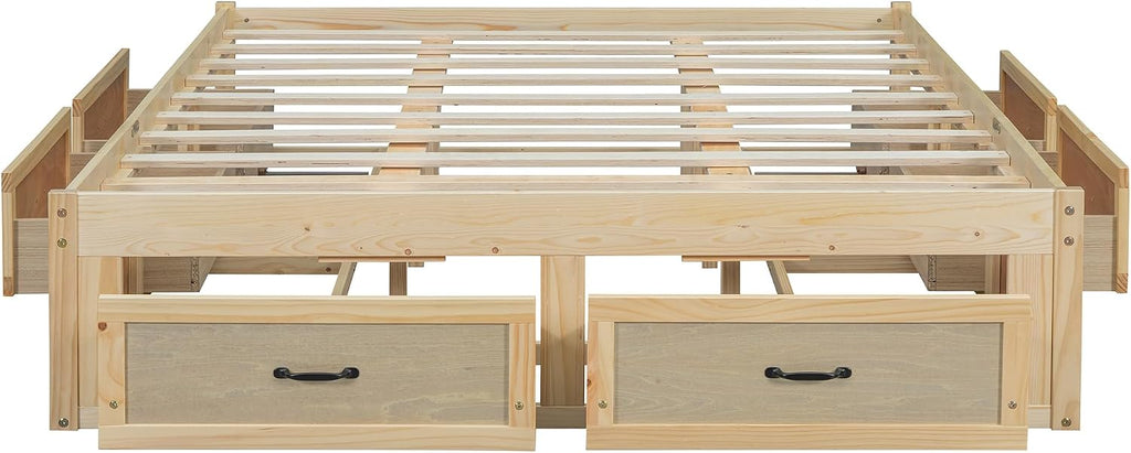 Japanese Low Platform Wooden Bed Frame with 6 Antique Natural Storage Drawers, Farmhouse Floor Beds