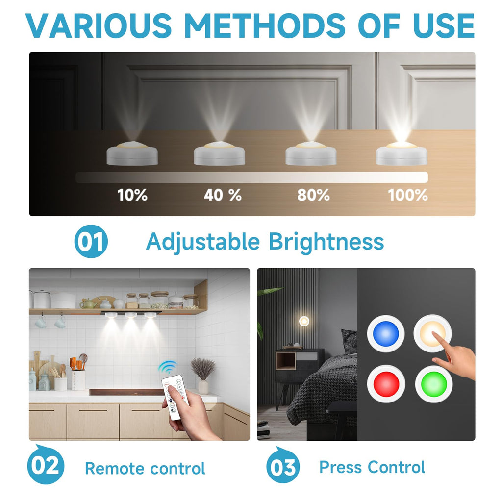 LED Puck Lights with Remote Control, Wireless Under Cabinet Lighting,Color Changing Lights with Dimmer and Timer, AAA
