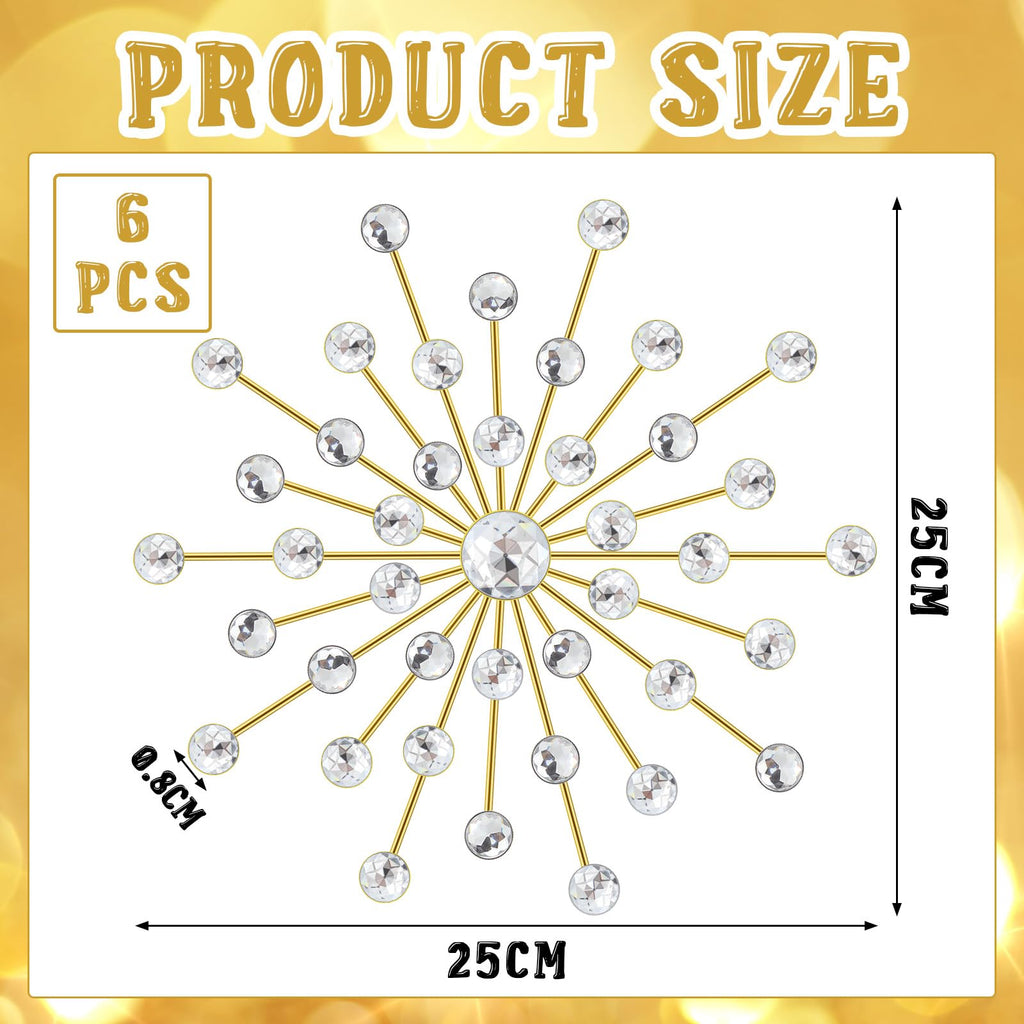 6 Pcs Metal Starburst Wall Art Crystal 3D, 25cm, Gold