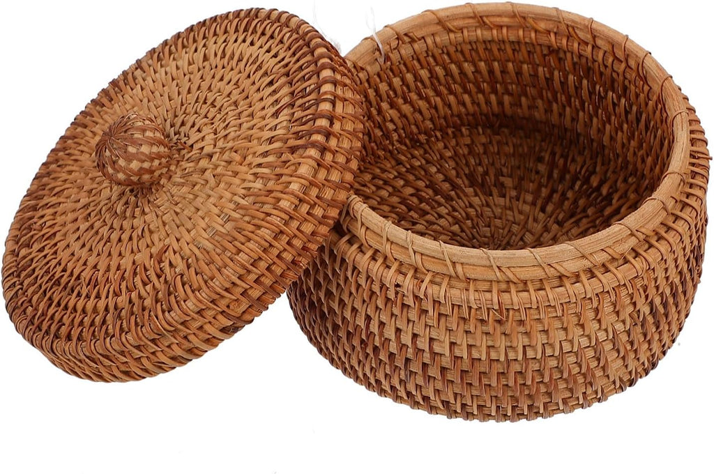 Handwoven Rattan Storage Box with Lid, Small Round Wicker Basket for Desktop Organization, Bathroom Shelf, Dresser