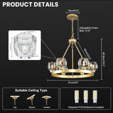 Gold Wagon Wheel Chandelier, 24 Inch Brass Chandeliers with Unique Glass Shade, 6-Light Crystal Farmhouse Wagon Wheel Chandeliers for Dining Room, Round Chandelier for Living Room, Foyer, Entryway A126-B0DT4BGKF7