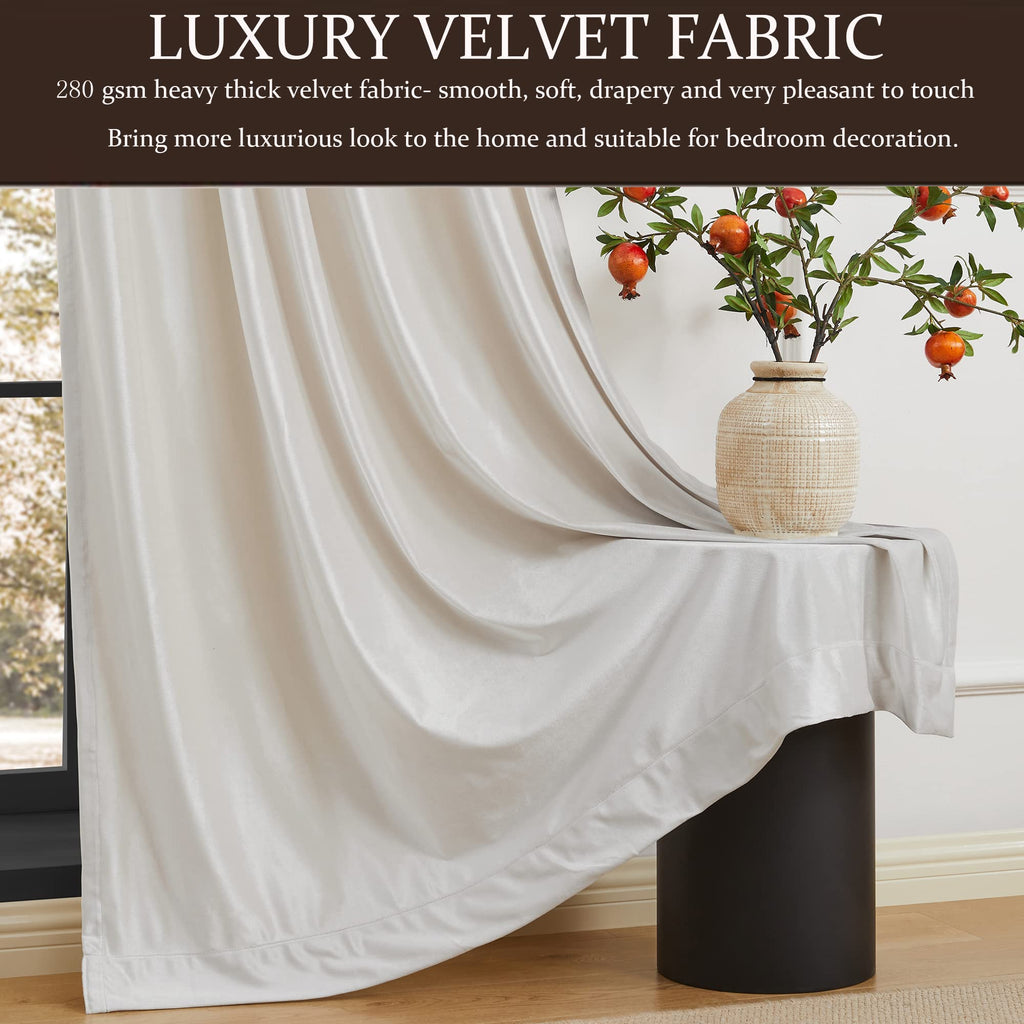 Blackout Ivory Off White Velvet Curtains 90 inch Long, Set of 2 Panels Liner Rod Pocket Back Tab Thermal Window