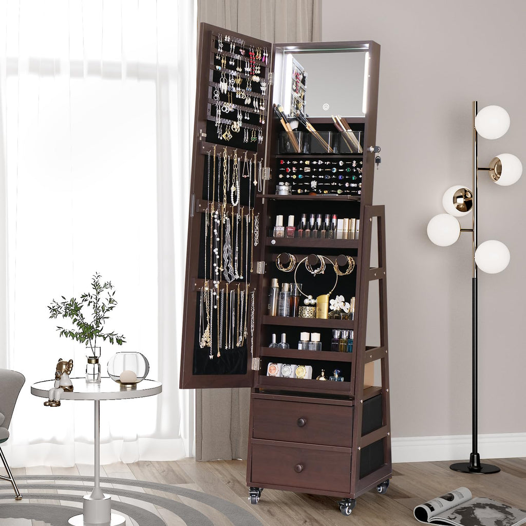 Standing Jewelry Cabinet with Lockable, Full Length Mirror with Storage