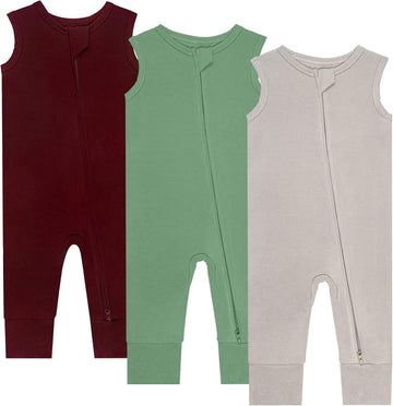 Rayon Made Of Bamboo Baby Sleepers, 3pack Pajamas Summer Sleeveless 2 Way Zipper Footless Rompers Pink+Coffee+Light