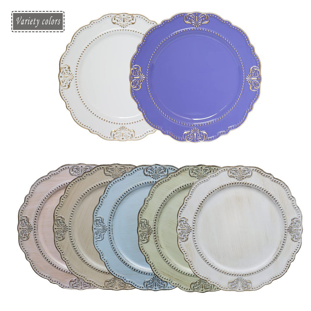 Antique White Charger Plates, Set of 6 Embossed Baroque Chargers for Dinner Plates, Wedding, Party