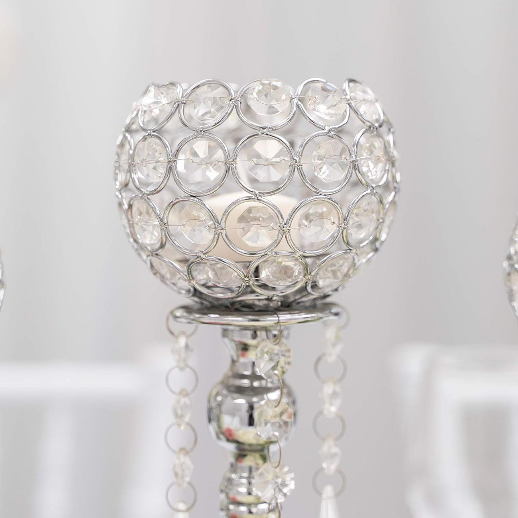 Quintette Candle Holder 5-Arm High Gloss Metallic Metal Tabletop Chandelier with Crystal Dangles, Candelabra, Candle