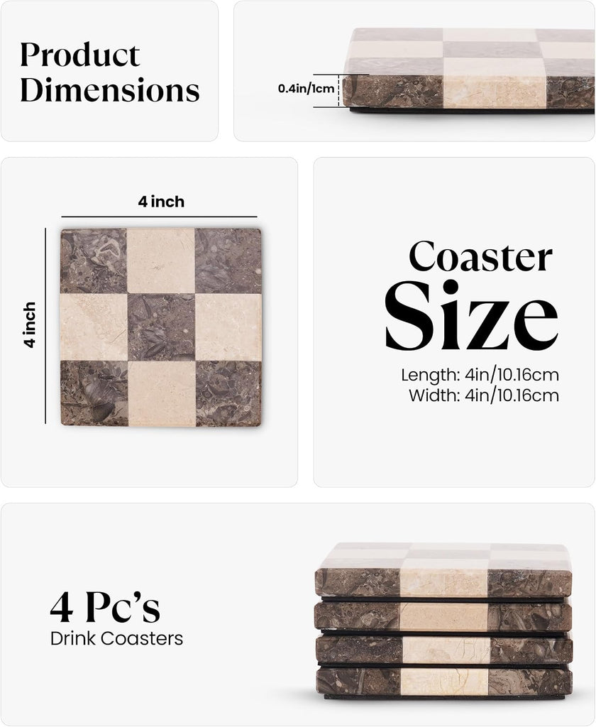 Marble Coasters, Oceanic & Verona Handmade 4 inch Square Stone Coaster, Decorative Checkered Cup Coaster - Set of 4