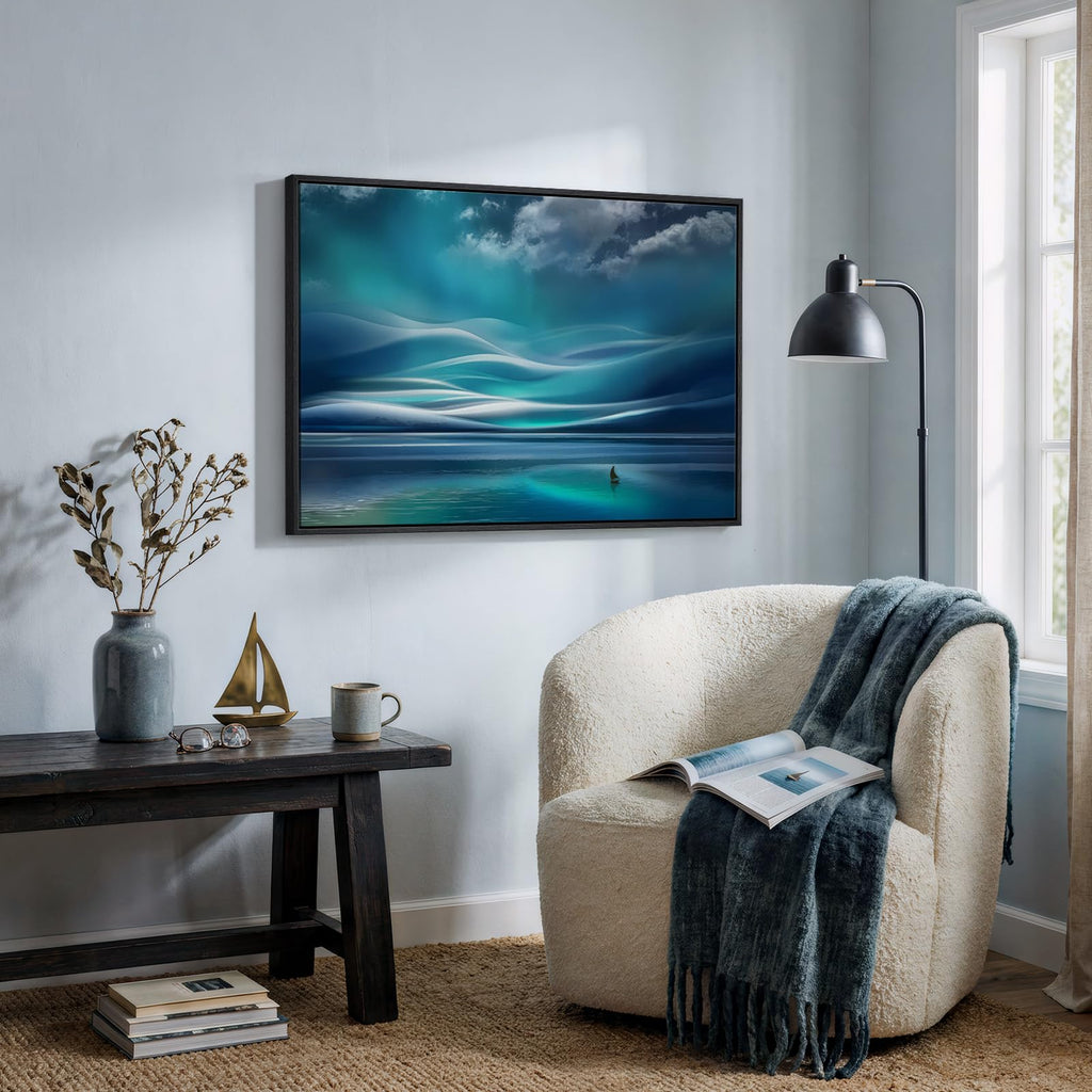 Black Framed Coastal Sailboat Canvas Wall Art, Teal Ocean Landscape Prints Paintings Artwork for Walls, Nautical Wall