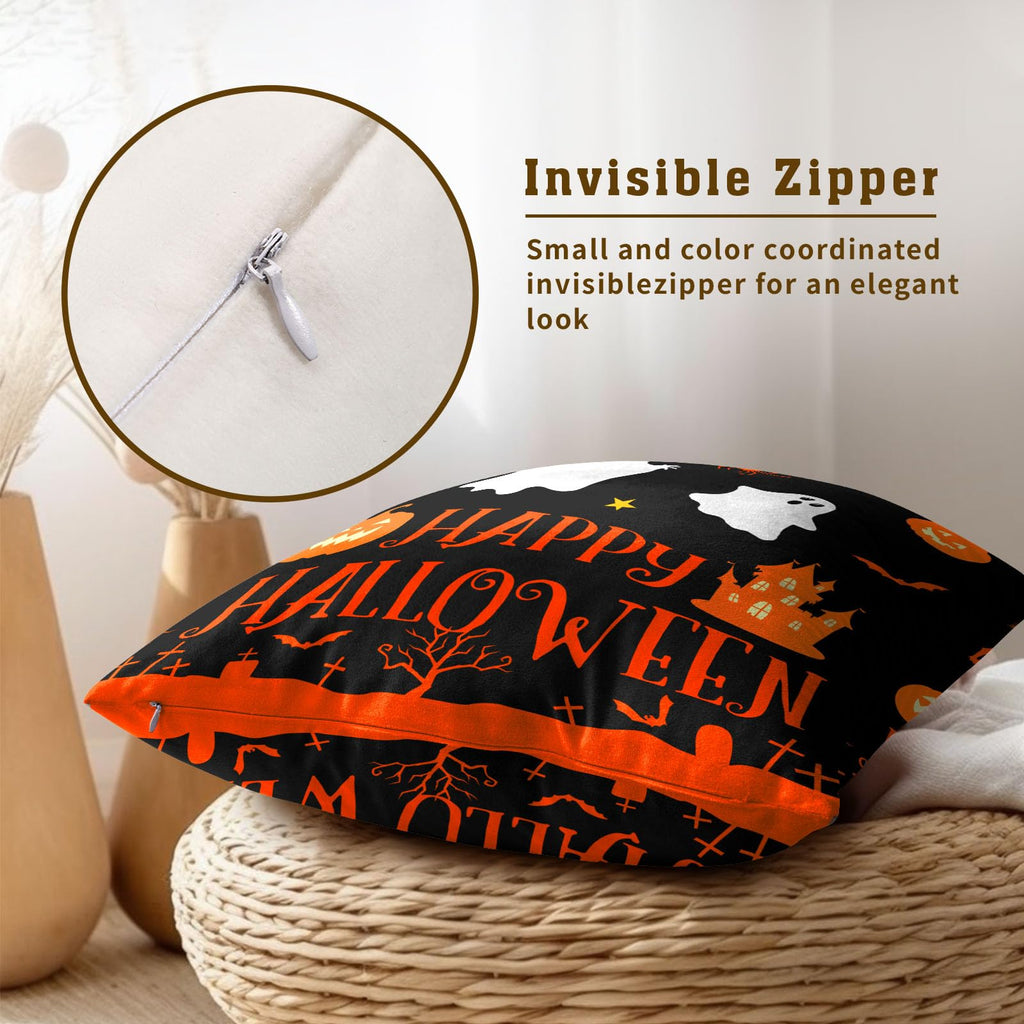 Happy Halloween Ghost Castle Pumpkin Throw Pillow Covers 18X18 Inches Set of 2 Trick or Treat Black and White Stripe