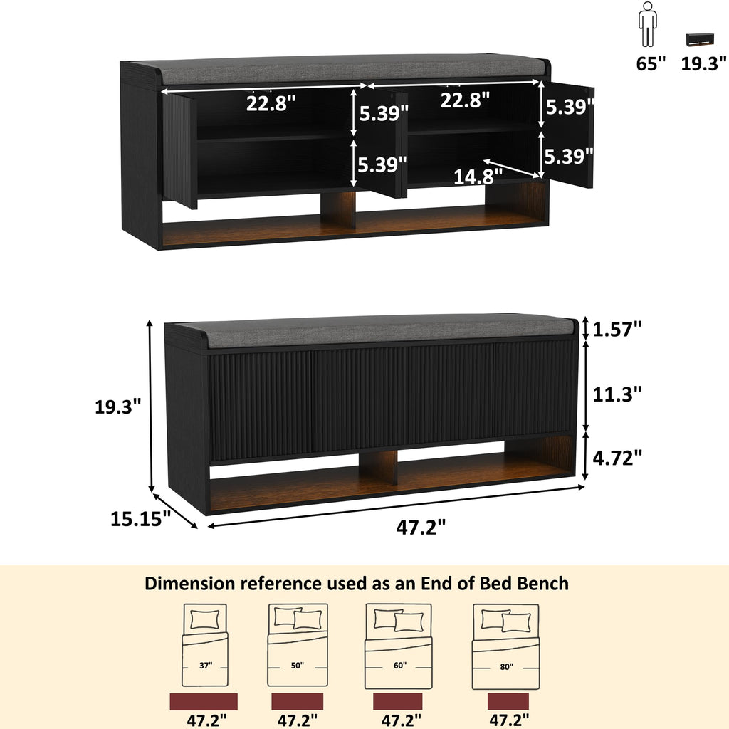 47.2" Fluted Shoe Storage Bench, Entryway Bench with Linen Seat Cushion, Shoe Cabinet Bench with Adjustable Shelf and