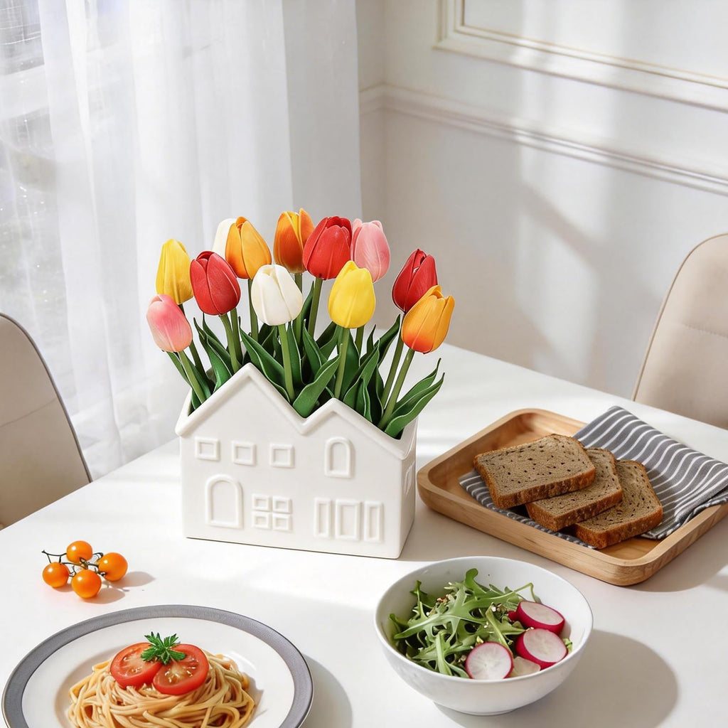 Artificial Tulips Flowers in Ceramic Pot, Real Touch Fake Tulips PU Flower Arrangement, Faux Tulips Potted for Dining