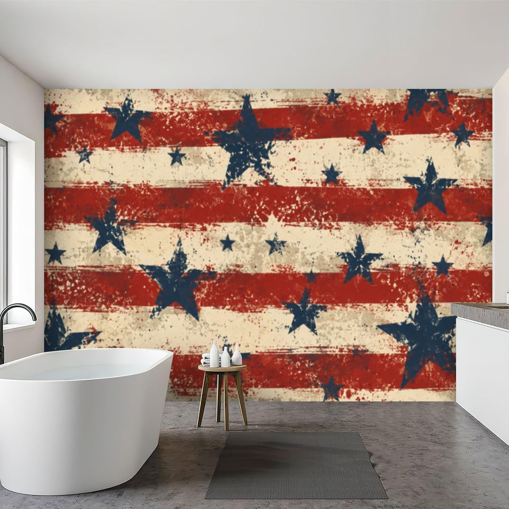 Wall Mural Peel and Stick Patriotic Stars Stripes Red White Blue Grunge Style Wallpaper Removable Self-Adhesive Large